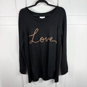 LC Lauren Conrad Black Love Glitter Graphic High Low Knit Sweater L